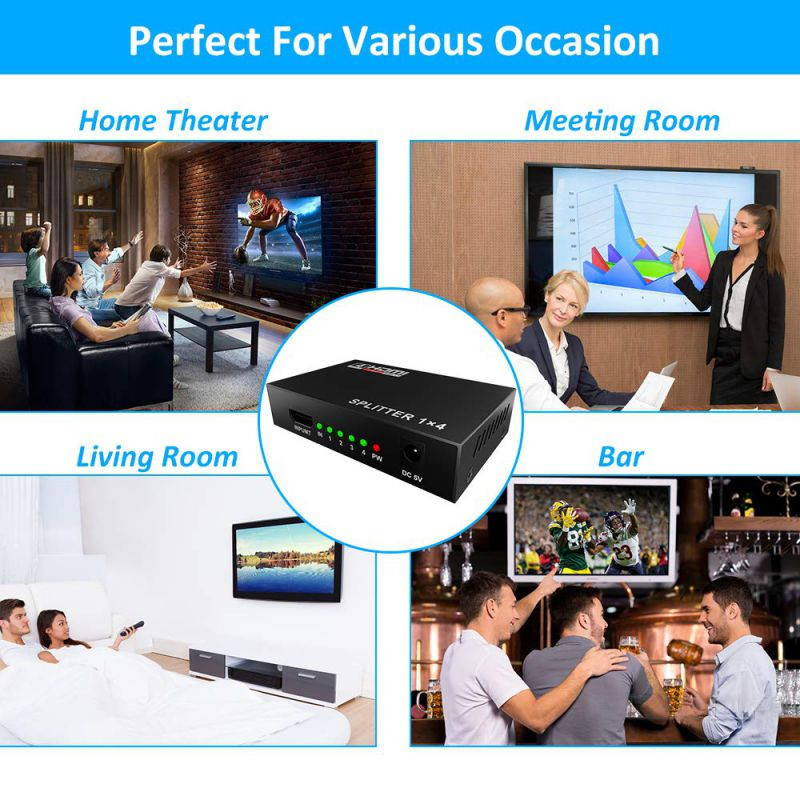 HDMI Splitter 1 in 4 Out V1.4 Powered 1x4 Ports Box Supports 4K@30Hz Full Ultra HD 1080P 3D Compatible with PC STB Xbox PS4 Fire Stick Roku Blu-Ray Player TV HDTV (1 Input to 4 Outputs)