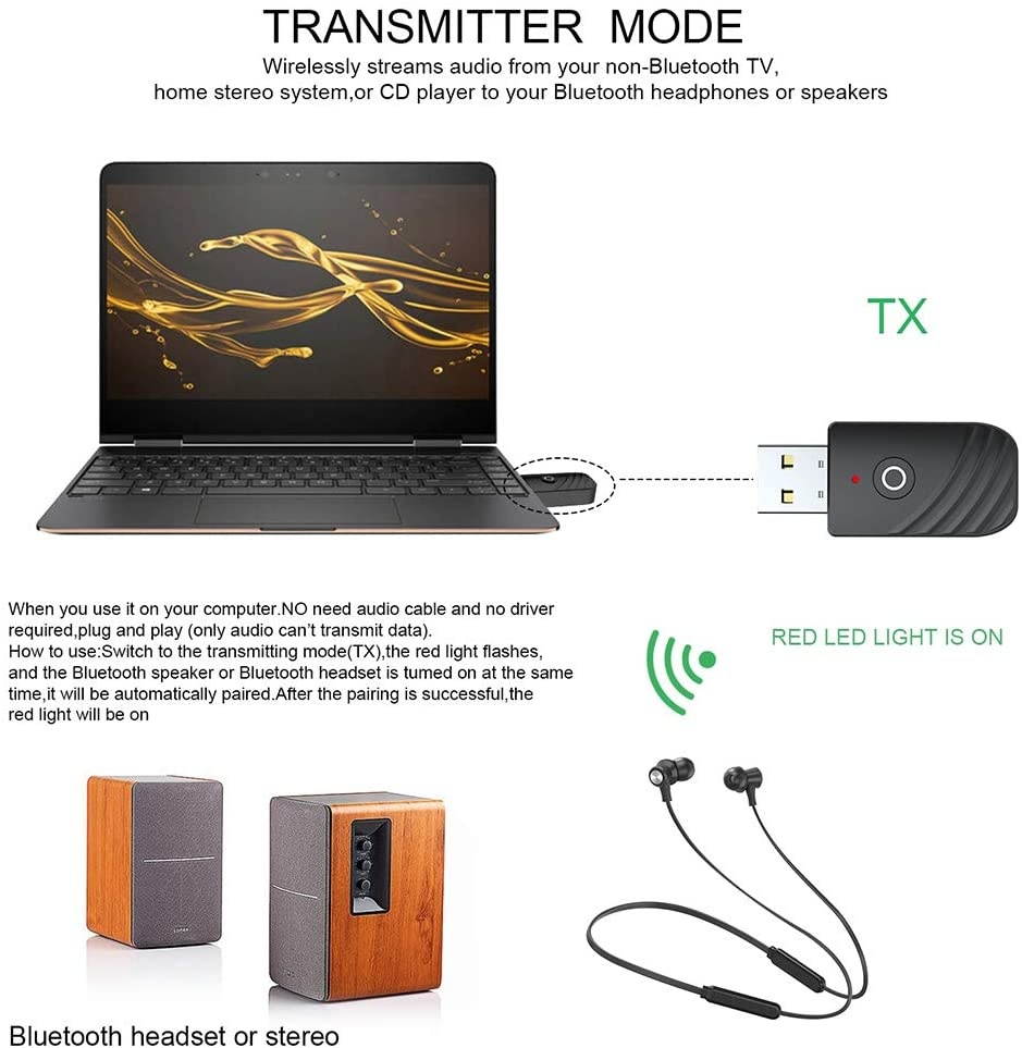 NINEFOX USB Bluetooth 5.0 Adapter Dongle3 in 1 USB Mini Transmitter Wireless Audio Receiver for PC Laptop Computer Desktop TV Car PC Headphones Stereo Music