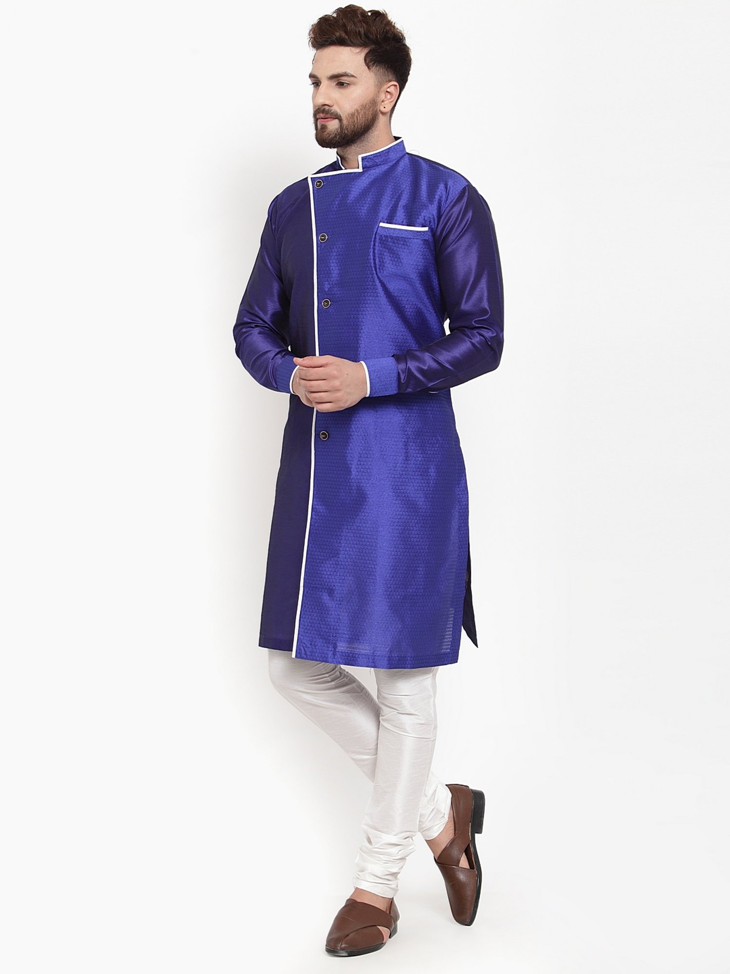 Benstoke Royal Blue & White Regular Fit Self Pattern Kurta Set