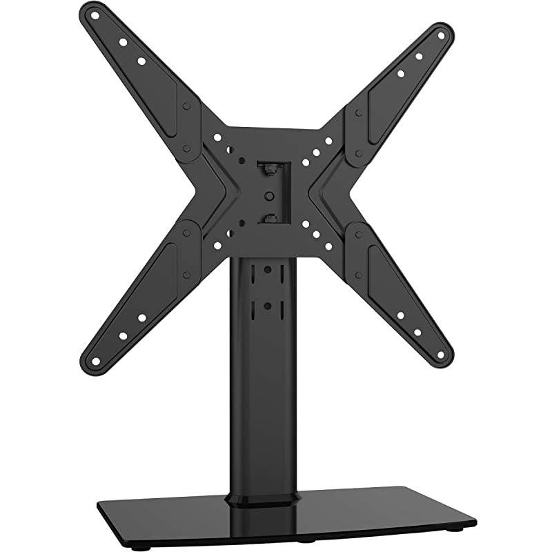 Universal Swivel TV StandBase Table Top TV Stand for 21 to 43 inch TVs with 90 Degree Swivel 4 Level Height Adjustable Heavy Duty Tempered Glass Base Holds up to 99lbs HT02B002
