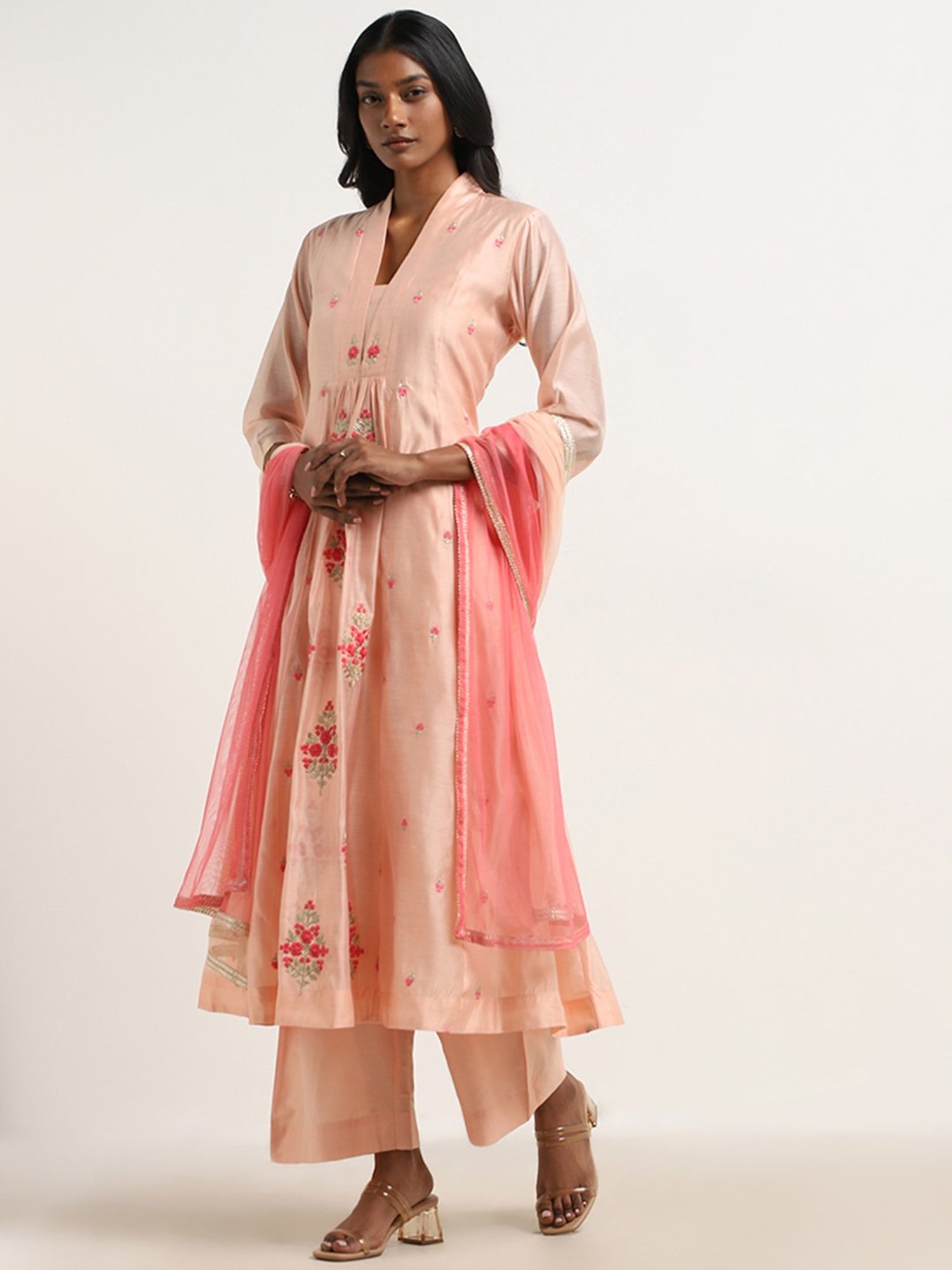 Vark by Westside Peach Floral Embroidered Kurta, Palazzos & Dupatta Set