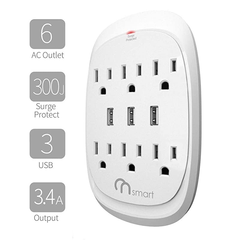 ON USB Wall Tap Surge Protector with 6 outlets 3 USB 34A Output Portable WallMount Socket 300J Surge Protection  Charging for Home Office Kitchen White2 Pack