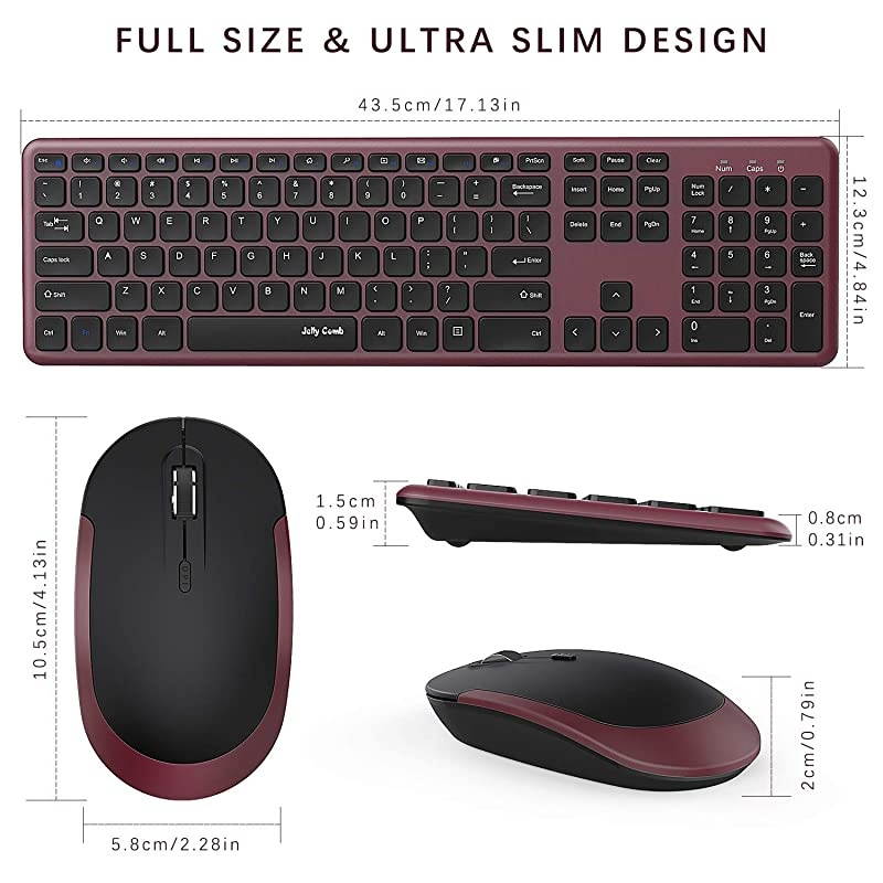 Wireless Keyboard and Mouse,  2.4GHz Ultra Thin Full Size Wireless Keyboard Mouse Combo Set with Number Pad for Computer, Laptop, PC, Desktop, Notebook, Windows 7, 8, 10-(Wine Red and Black)