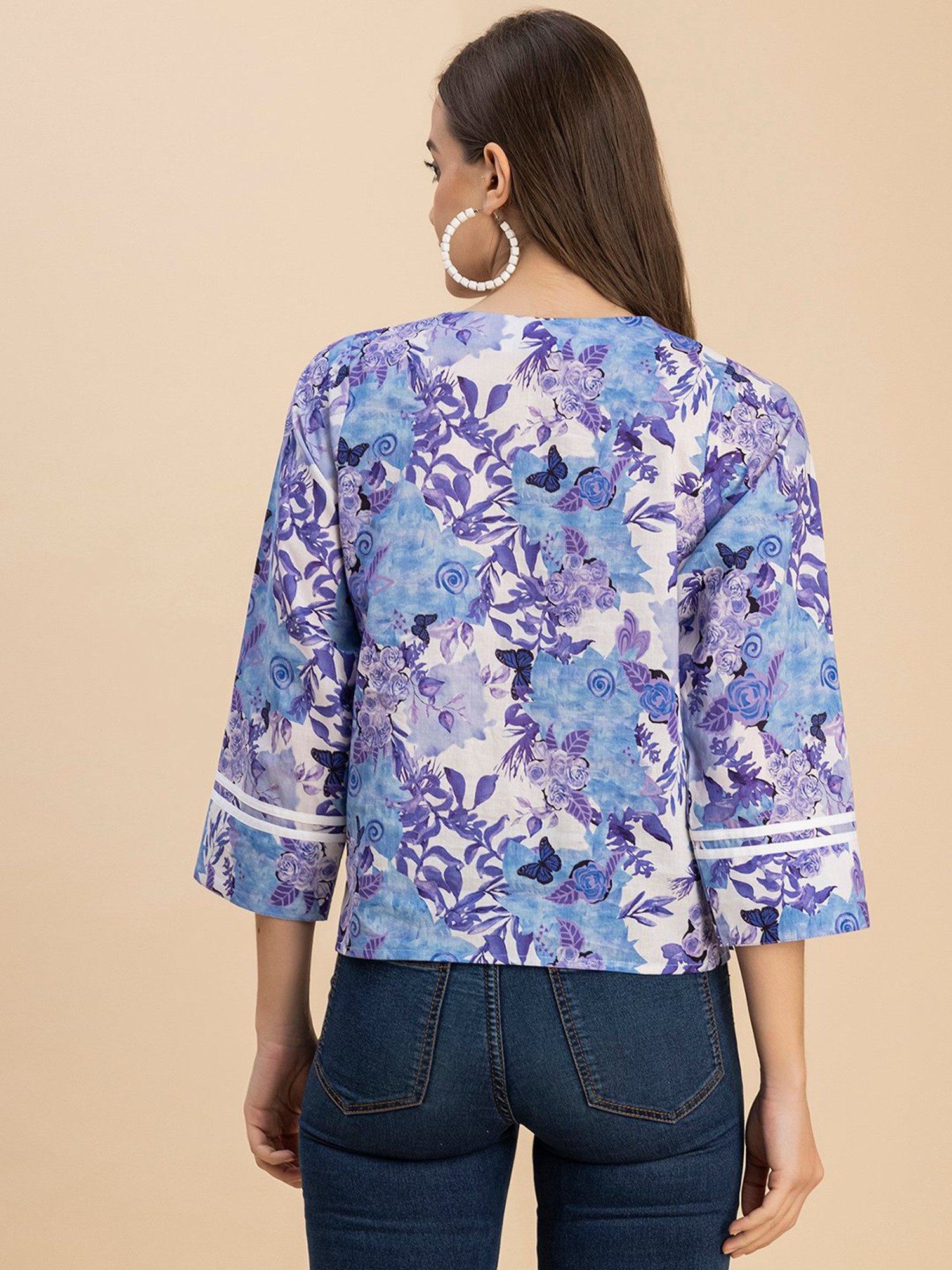 Moomaya Blue & White Cotton Floral Print Top