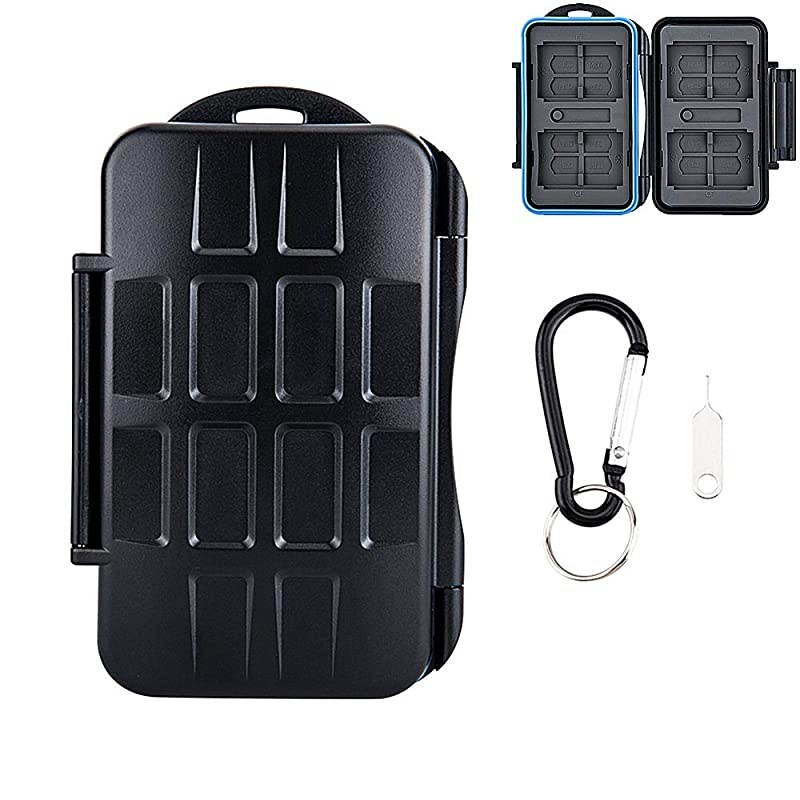 Slots WaterResistant Memory Card Case SD MSD Card Holder Storage Keeper for 4 CF + 8 SD SDHC SDXC + 16 TF MSD Micro SD Cards with Carabiner + Card Tray Removal Eject Pin Key Blue Seal Ring