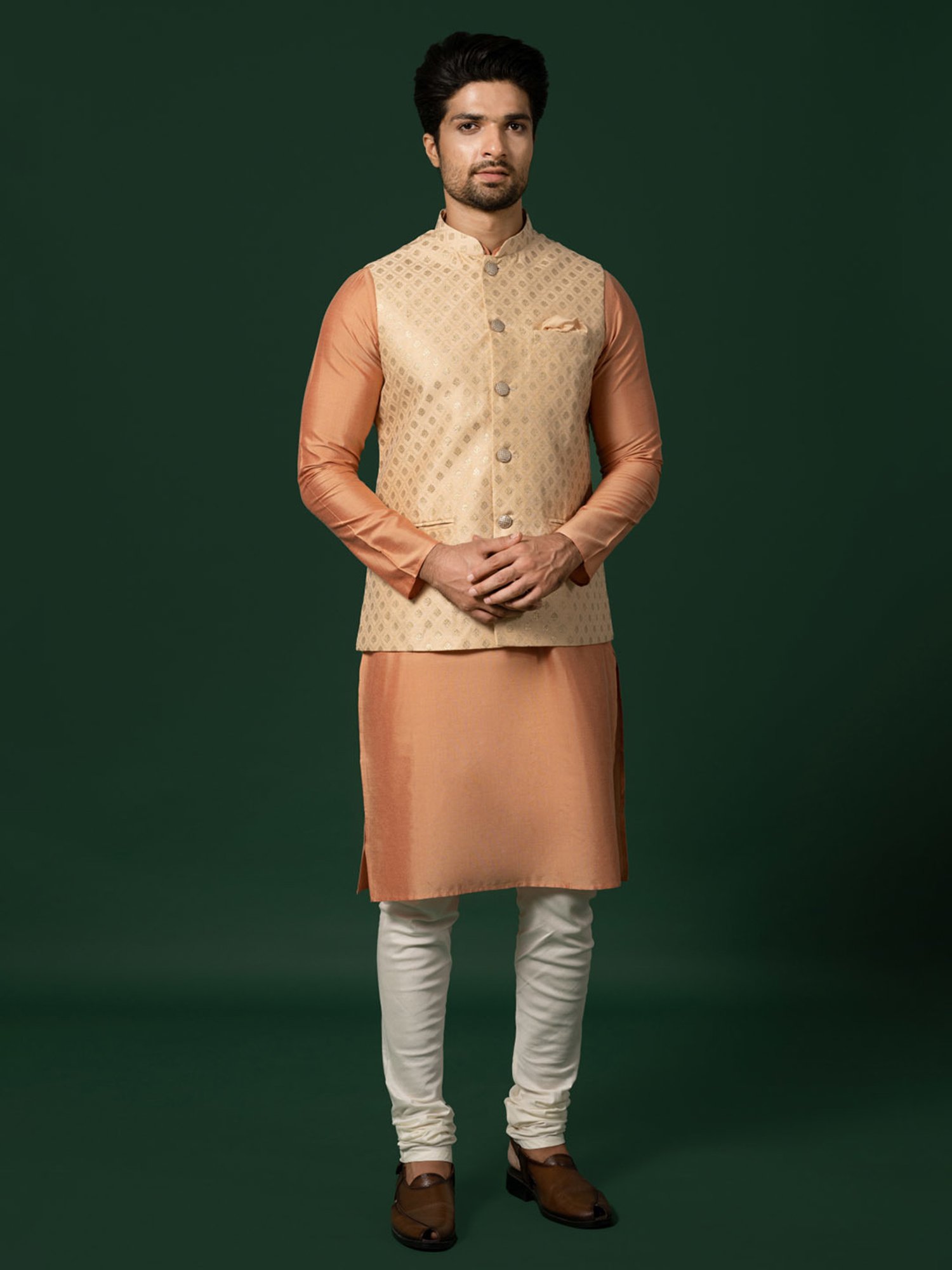 KISAH Beige & Off White Regular Fit Jacquard Kurta & Churidar With Nehru Jacket