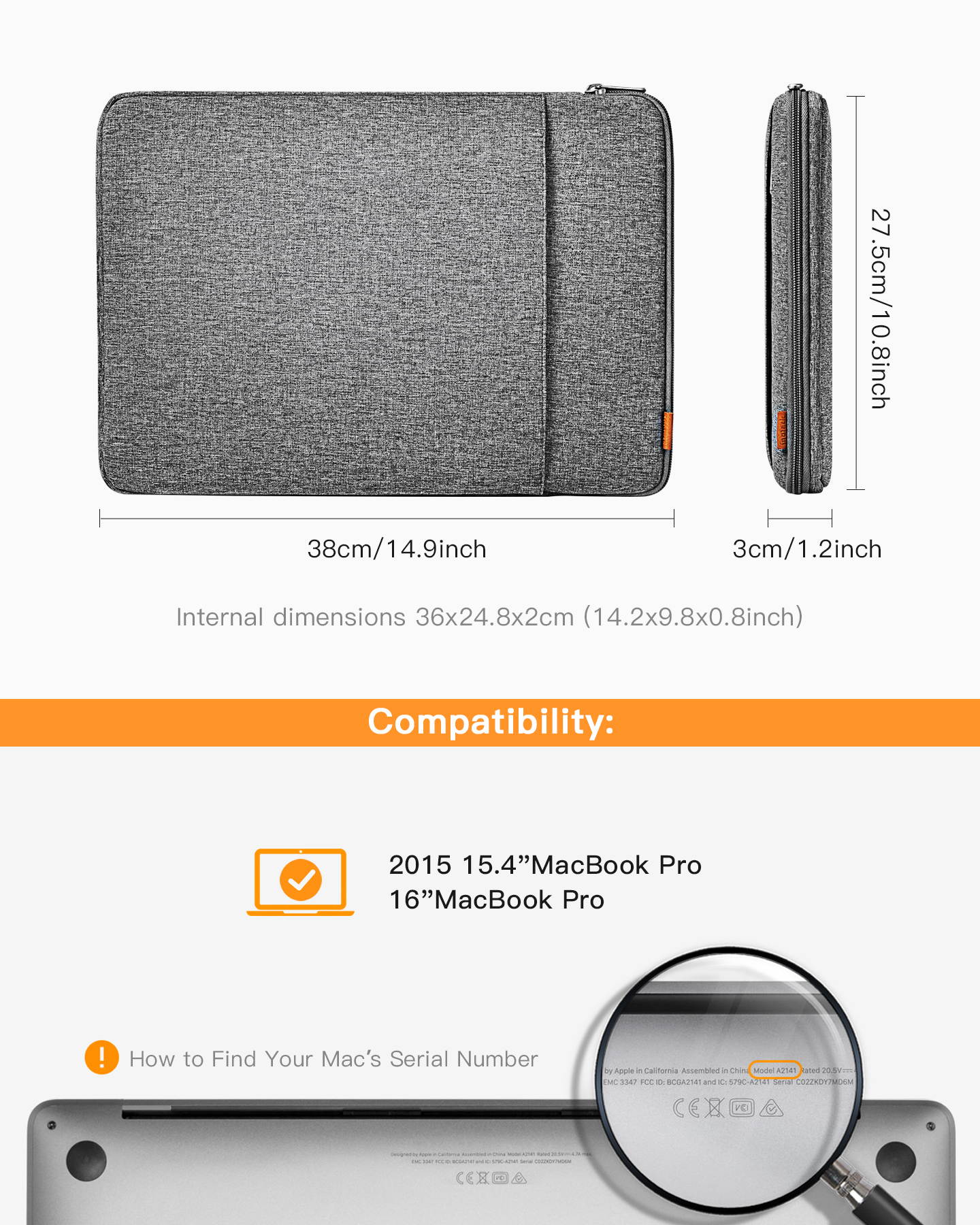 For 15.4-16 Inch MacBook Pro Laptop Sleeve Case Bag with Accessory Pouch - Gray