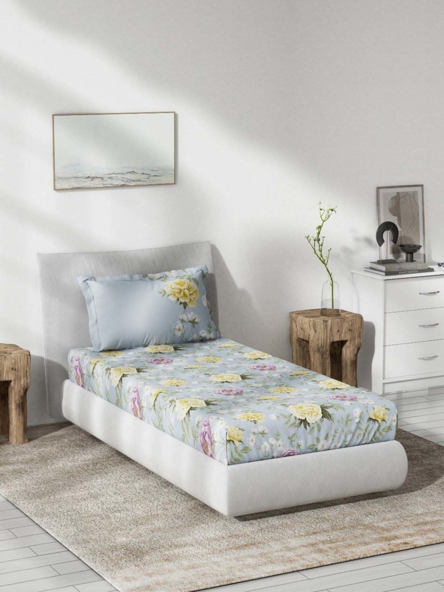 DDecor Floral Blue 140 TC Cotton Single Bedsheet with 1 Pillow Cover