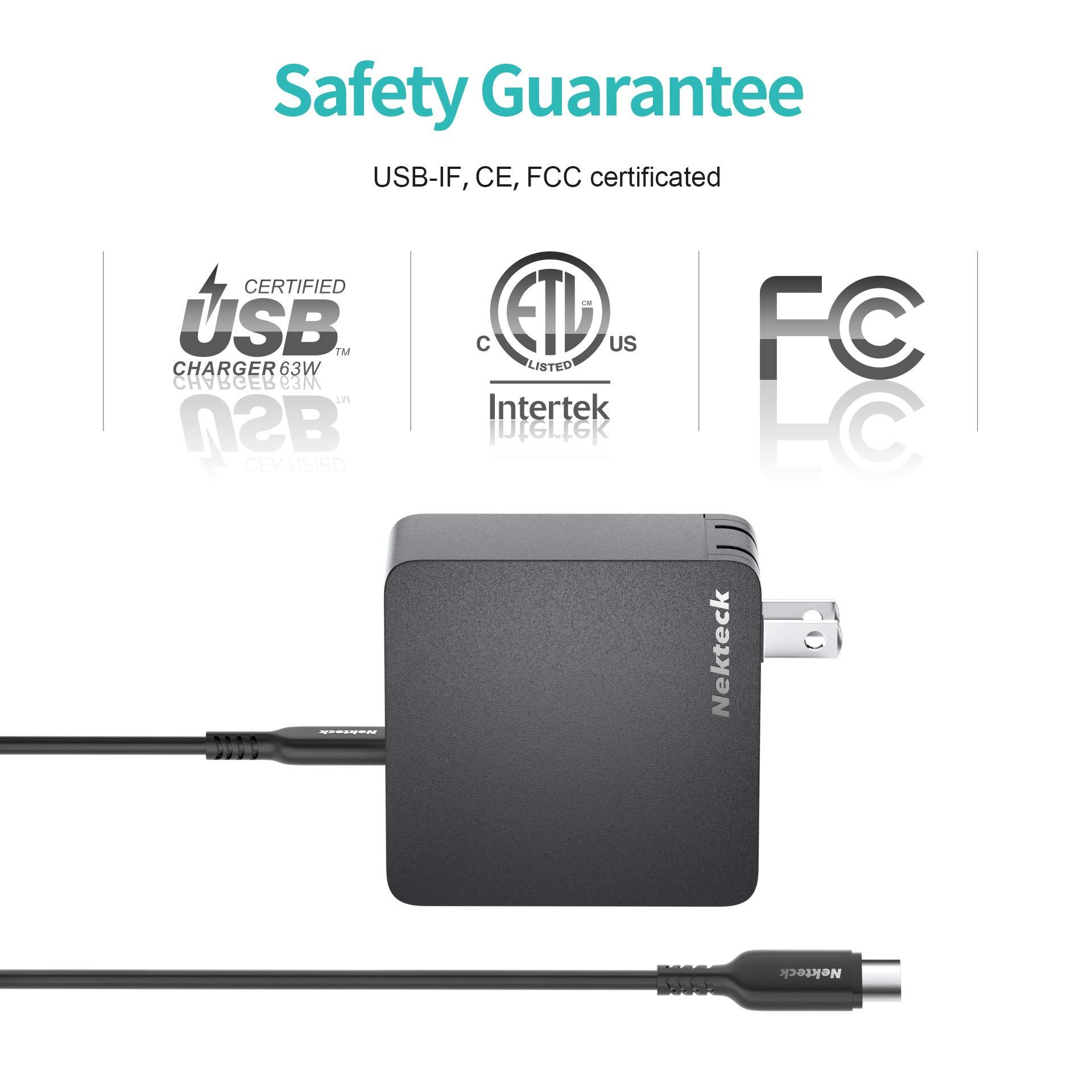 Nekteck 63W USB C Wall Charger with 45W Power Delivery, Foldable Plug Charging Adapter with 6.6ft Type C Cable for MacBook Pro, Dell XPS, Surface Go, Pixelbook, iPad Pro, Galaxy, iPhone and More