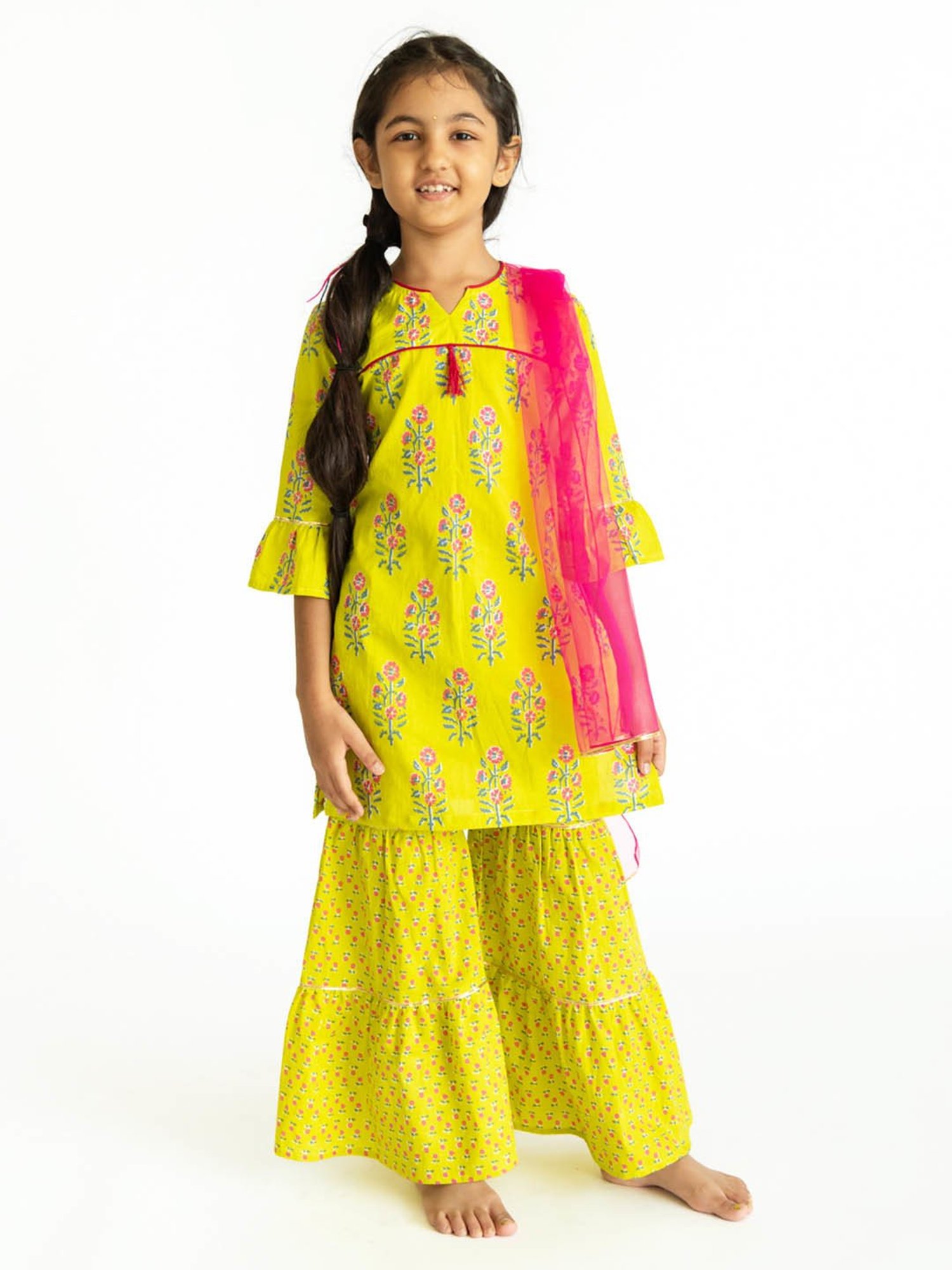 Campana Kids Lime Green & Pink Boota Block Print Kurti, Sharara & Dupatta