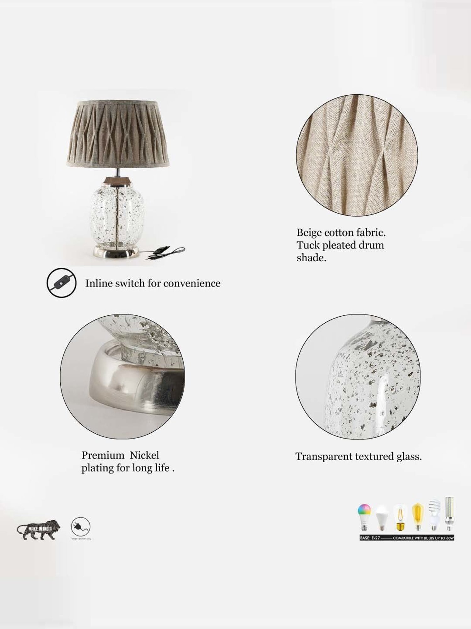 Kapoor Lamp Shades Chrome Glass Secret Tabel Lamp With Linen Shade