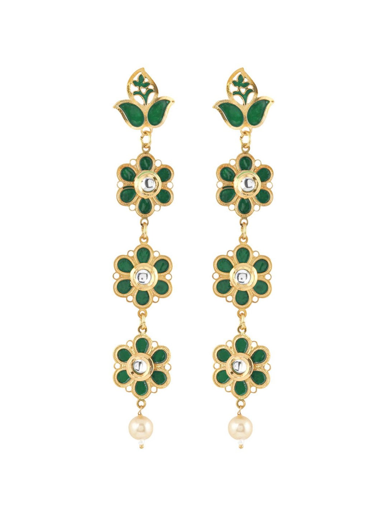 Teejh Daivey Dark Green & Golden Dangler Earrings