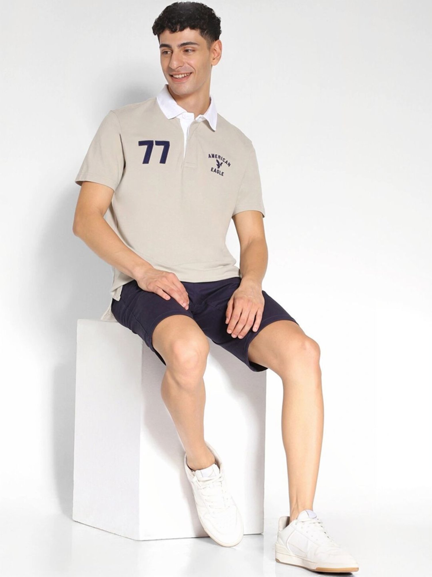 American Eagle Beige Cotton Regular Fit Embroidered T-Shirt