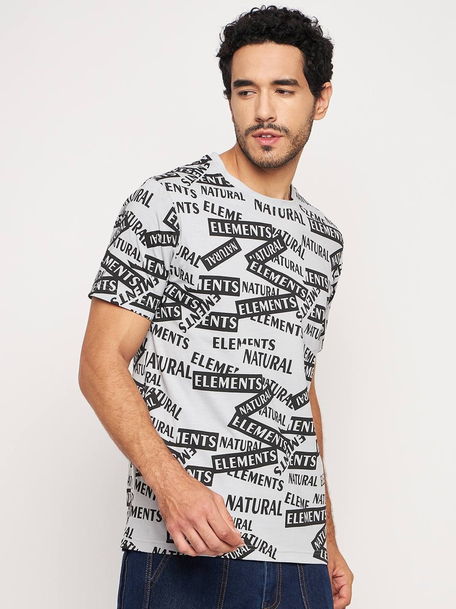 Club York Grey Cotton Regular Fit Printed T-Shirt