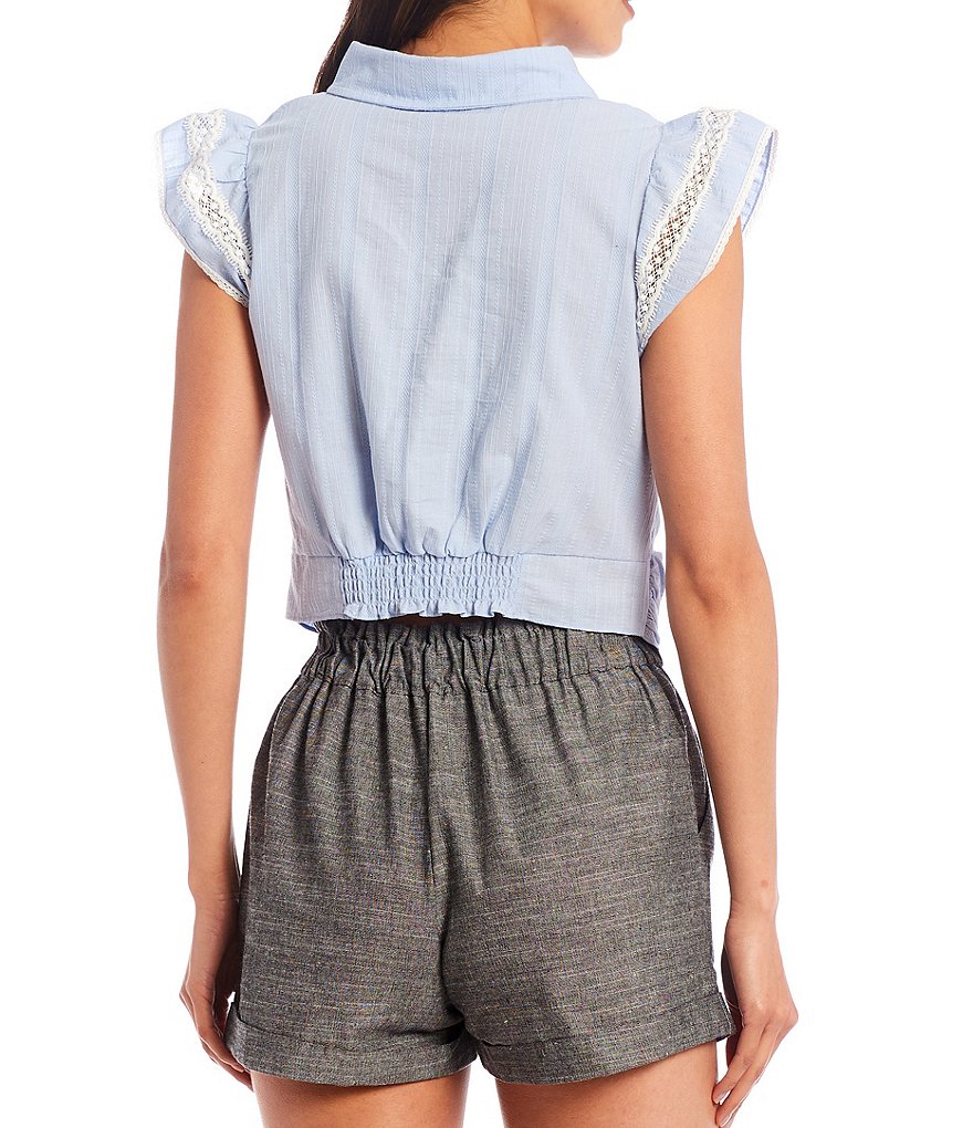 Shabby Chic Waverly Point Collar Lace Trim Ruffle Cap Sleeves Button Down Twist Front Hem Top