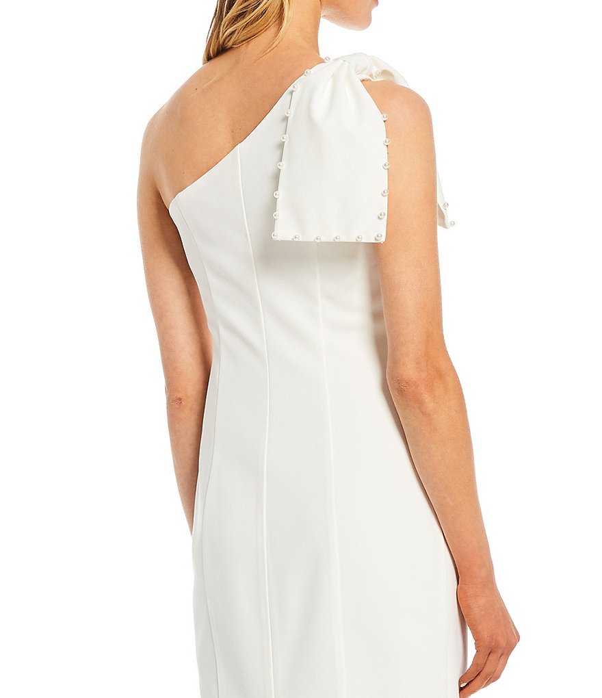Eliza J Bow One Shoulder Sleeveless Asymmetrical Neck Pearl Trim Sheath Dress