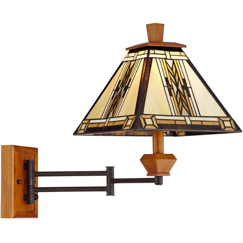Robert Louis Tiffany Mission Swing Arm Wall Lamp Walnut Wood Plug-In Light Fixture Stained Glass for Bedroom Bedside Living Room