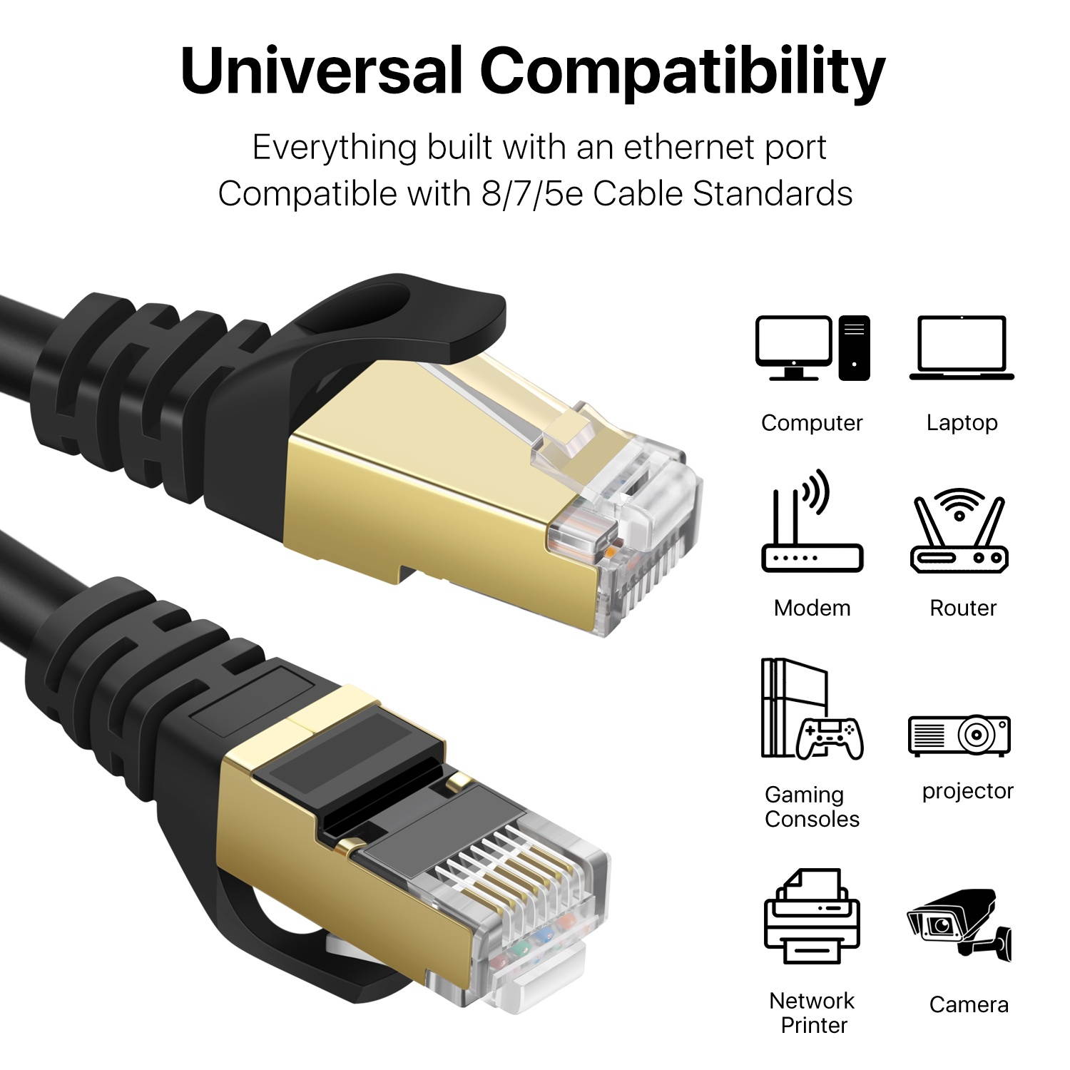 Cat6 Ethernet Patch Cable (100 Feet) - Professional Gold Plated Snagless RJ45 Connector Computer Networking Wire Cord Plug Premium Shielded Twisted Pair (Black)