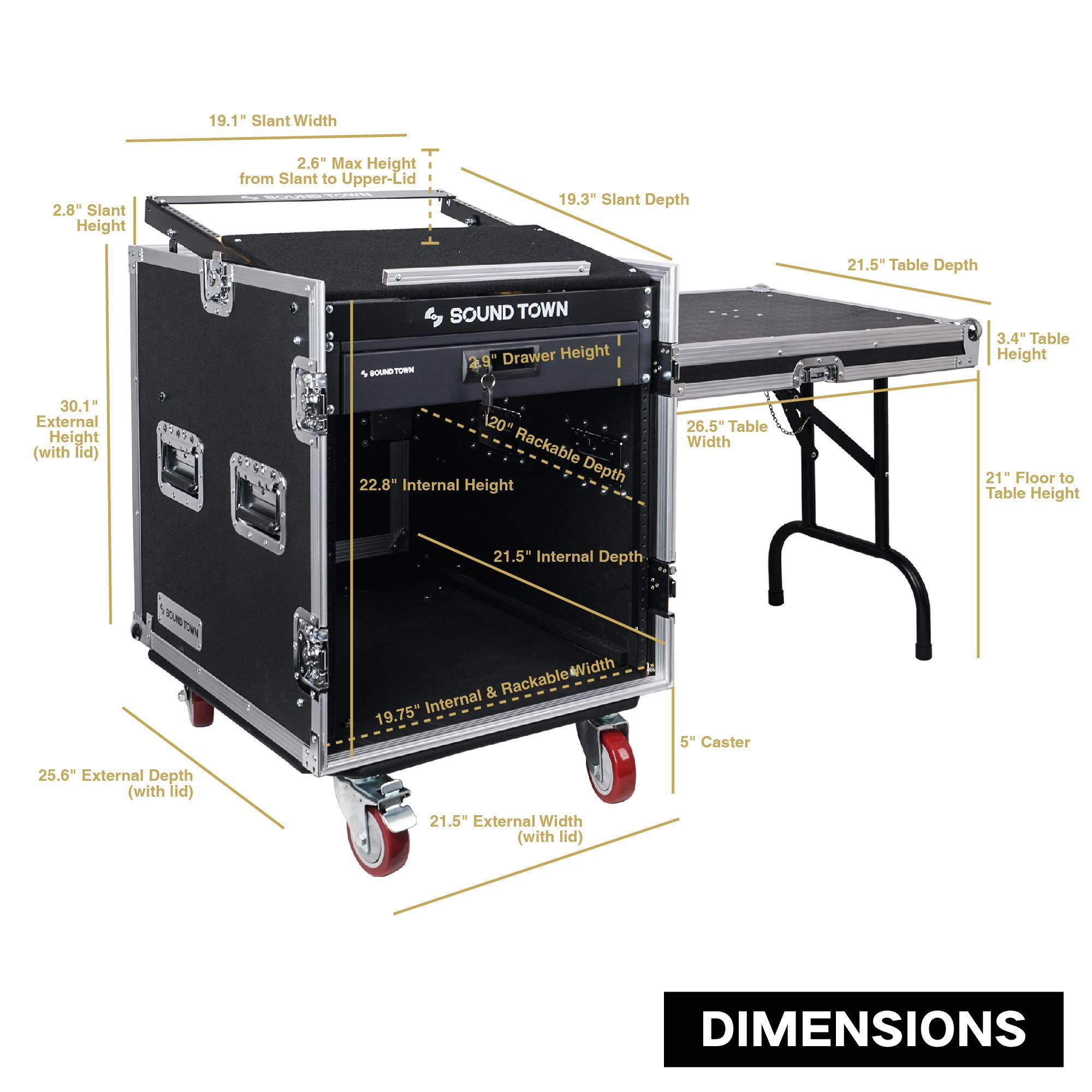 Sound Town 12U PA DJ Pro Audio Rack/Road ATA Case with 11U Slant Mixer Top, Locking Drawer, Side Table, 20&rsquo;&rsquo; Rackable Depth and Casters (STMR-12TD2)