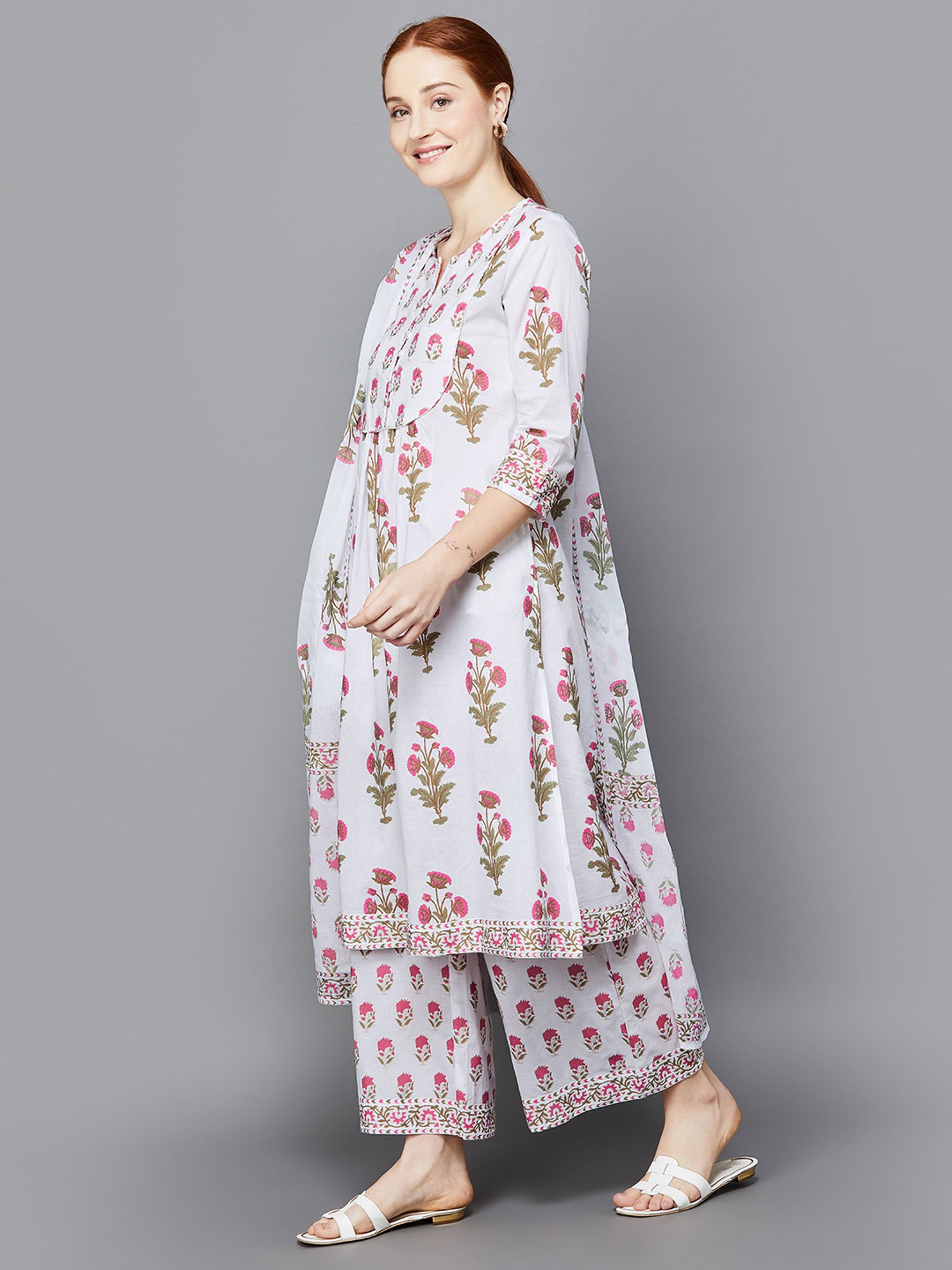 Melange by Lifestyle Off White & Pink Cotton Floral Print Kurta With Pants & Dupatta
