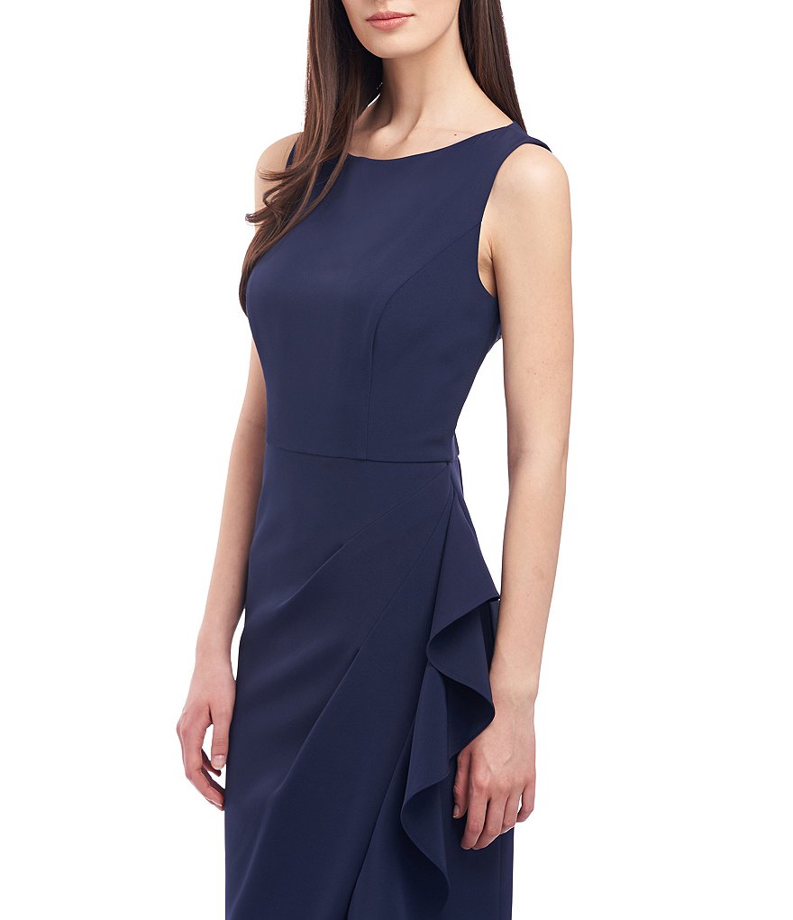 Kay Unger Boat Neck Sleeveless Drape Crepe Long Gown