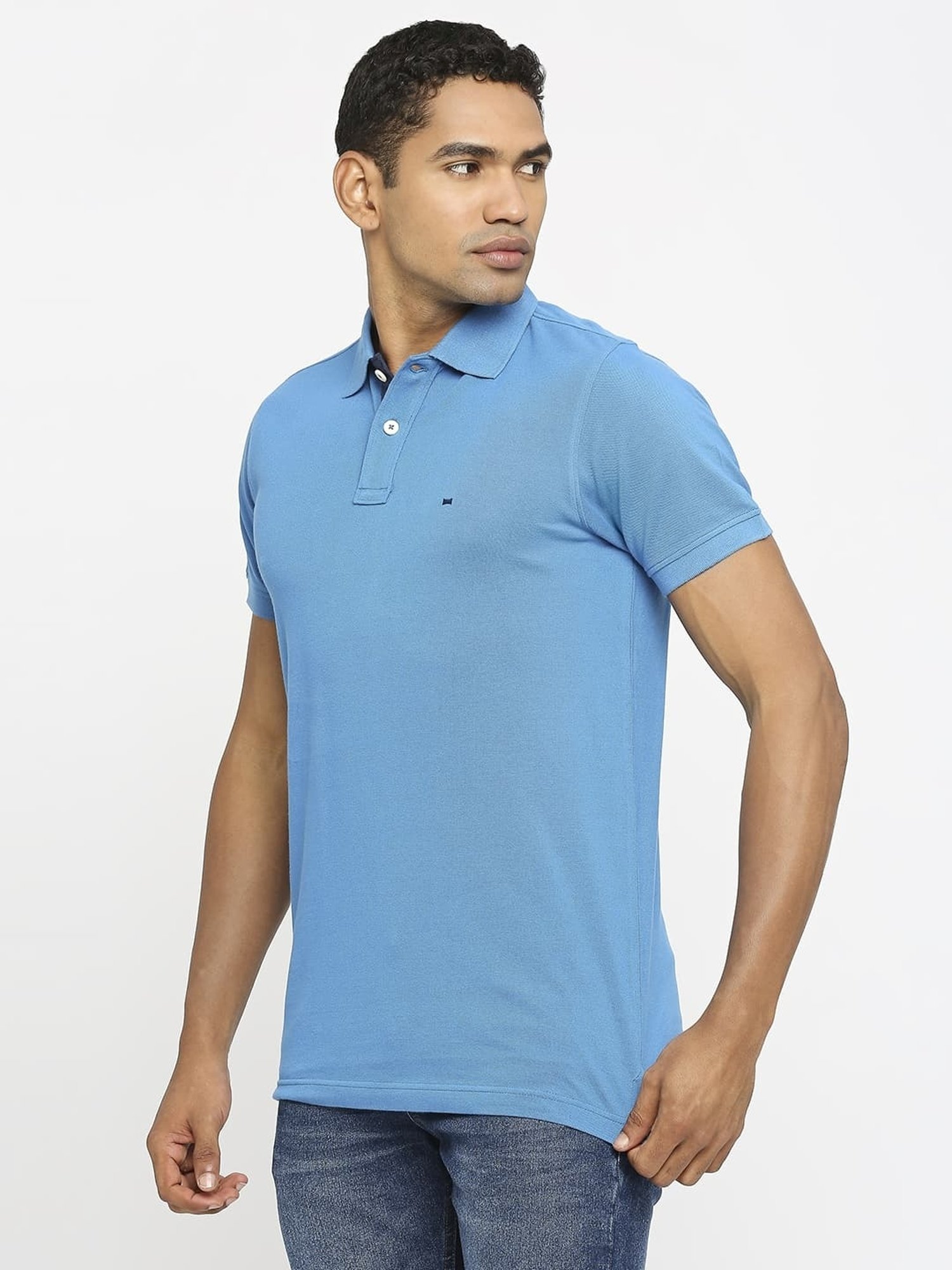 Basics Blue Cotton Muscle Fit Polo T-Shirt