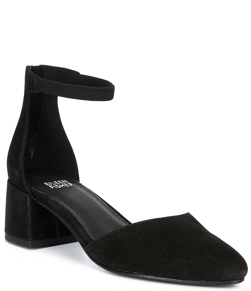 Eileen Fisher Goldie Nubuck Ankle Strap Block Heel Pumps