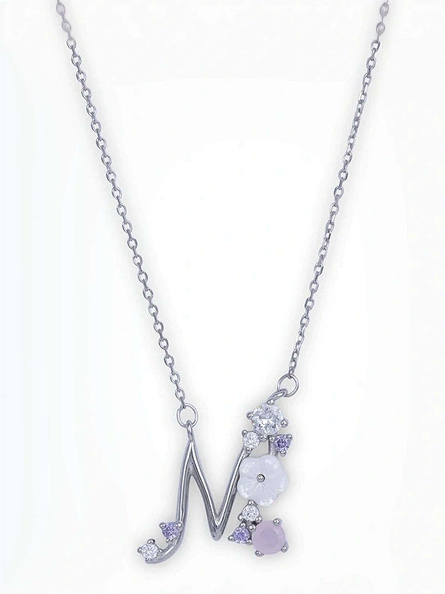 Touch925 Sterling Silver Floral 'N' Initial Chain Necklace for Women & Girls
