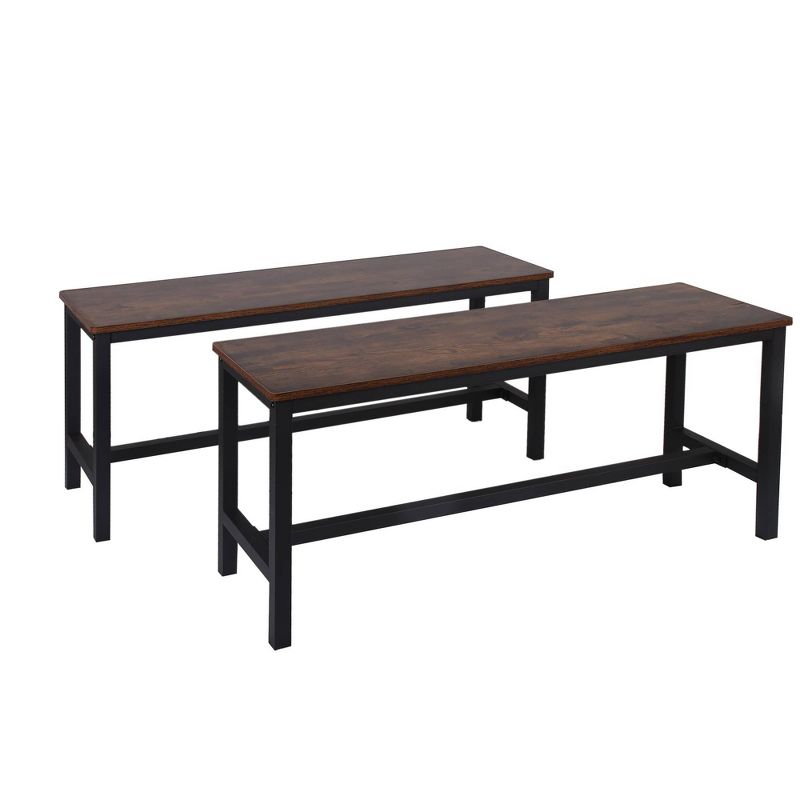 Set of 2 Wooden Top Indoor Bench with Metal Legs Brown/Black - Benzara