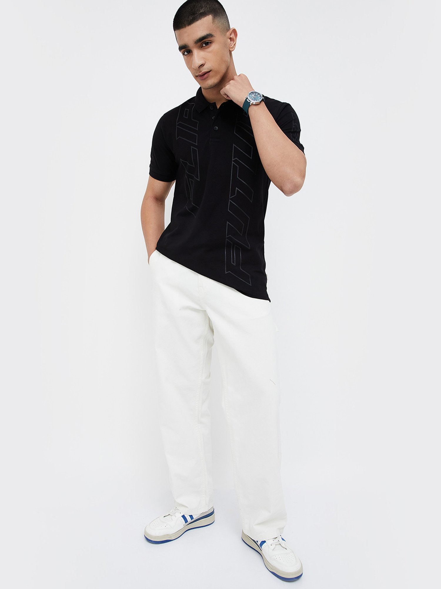 Forca by Lifestyle Black Regular Fit Printed Polo T-Shirt