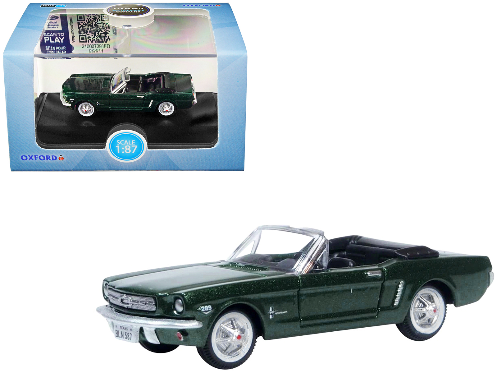 1965 Ford Mustang Convertible Ivy Green Metallic 1/87 (HO) Scale Diecast Model Car by Oxford Diecast
