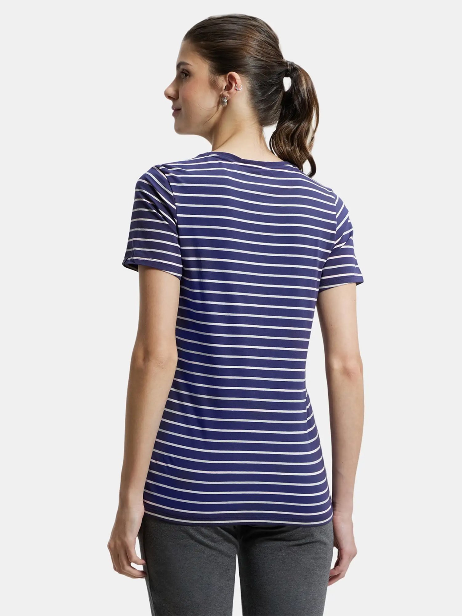 Jockey AW22 Women's Super Combed Cotton Elastane Regular Fit Striped V Neck Half Sleeve T-Shirt