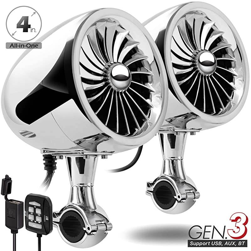 AN4 Gen.3 All-in-One Built-in Amplifier 4" Full Range Waterproof Bluetooth Motorcycle Stereo Speakers Audio Amp System w/AUX for 1 to 1-1/4 Bar Harley ATV RZR 4 Wheeler