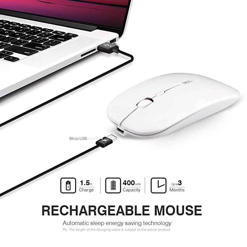 Wireless Mouse Rechargeable  Ultra Thin 1600 DPI Mini 24GUSB Receiver Portable Mobile Silent Optical Cordless Mouse Mice for LaptopPCComputerMac White
