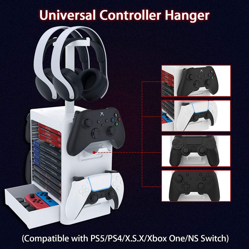 Ackmioxy Headset and Game Organizer (up to 10 Games) for PS5 PS4 Playstation/Xbox Series S & X/Switch Accessories, Headphones, Game Discs, Joy Cons, DualSense, Controllers, Black
