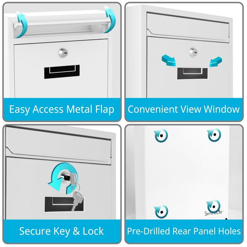 SereneLife SLMAB04 Home Indoor Outdoor Galvanized Steel Metal Wall Mount Secure Locking Mailbox Magazine Newspaper Holder with Keys, White