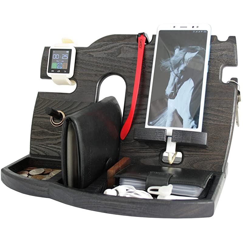 Wood Docking Station Tray Cell Phone Smartwatch Holder Men Charging Accessory Nightstand Father Mobile Base Gadget Organizer Dresser Wallet Storage Anniversary Birthday Graduation Gift