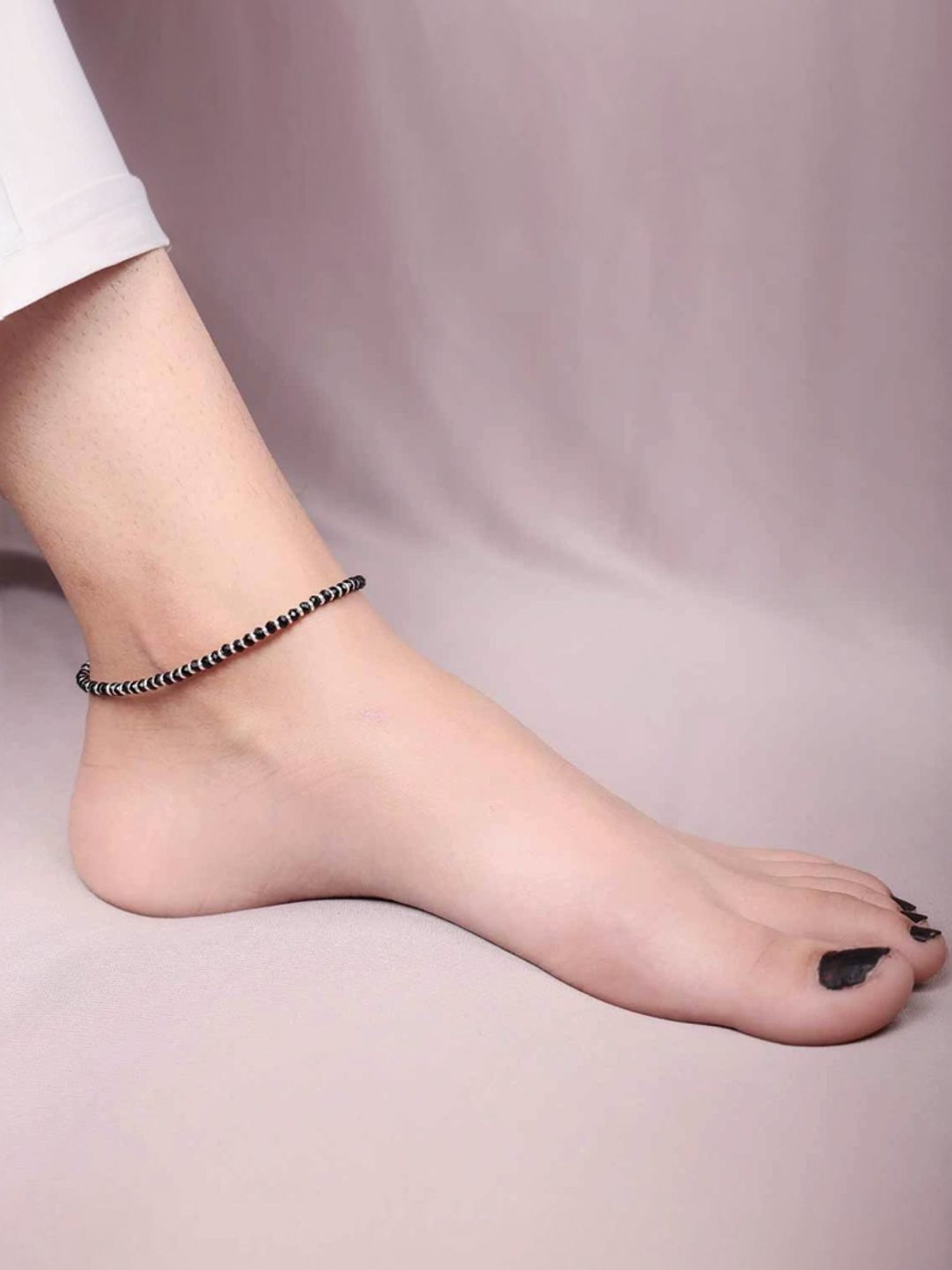 Arte Jewels 925 Sterling Silver Black Beads Anklet for Women & Girls (Single)