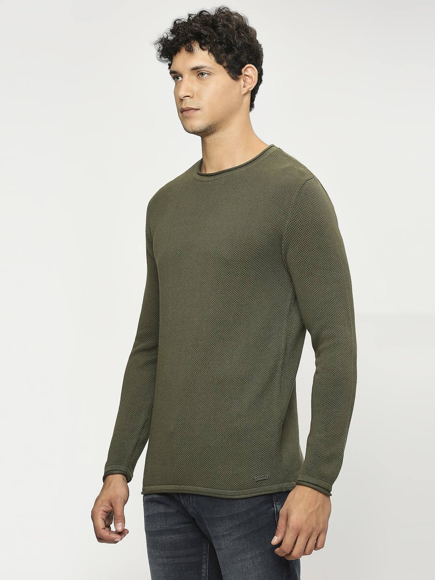Pepe Jeans Olive Cotton Regular Fit Self Pattern Sweater