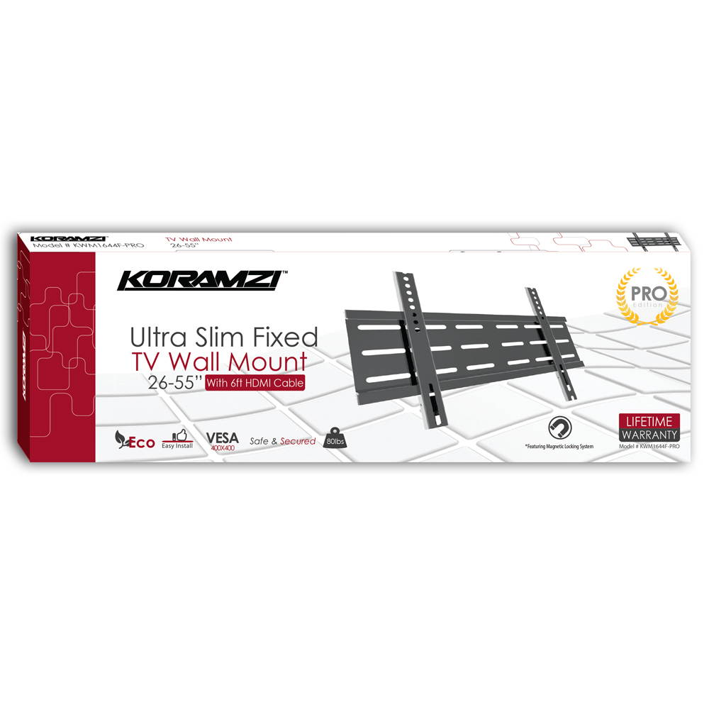 KORAMZI KWM1644F-PRO Fixed TV Wall Mount with Smart Locking System Technology 400x400 VESA Fits 26-55" TV's including Bubble Level & 6 ft. HDMI Cable Pro Series (Black)-New