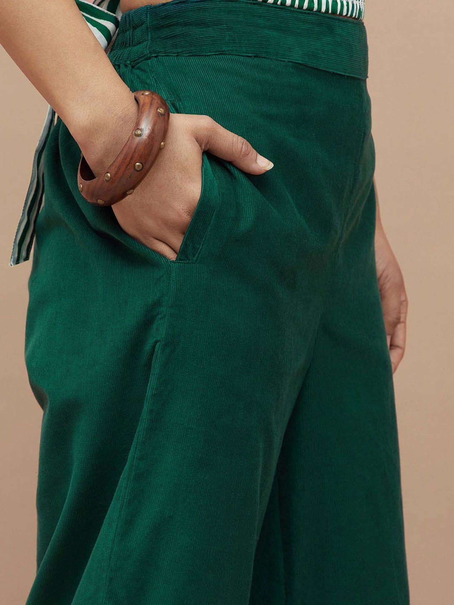 Colour Me by Melange Green Cotton Mid Rise Pants