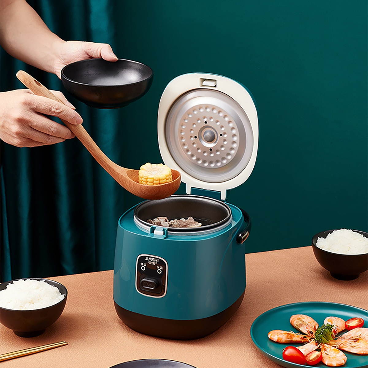 1.2L Rice Cooker Electric Lunch Box Travel Rice Cooker Small Removable Non-stick Pot Keep Warm Function Suitable For 1-2 People For Cooking Soup Rice Stews Grains Oatmeal-Green