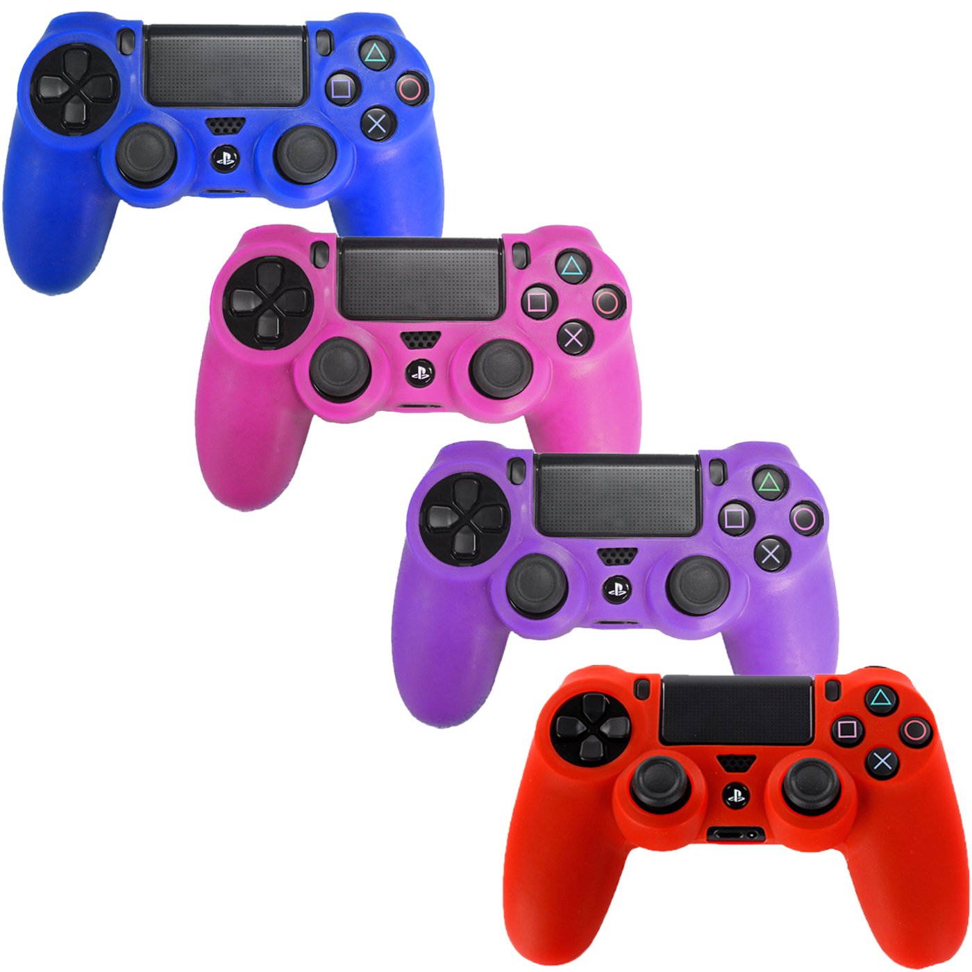 HDE Controller Skins for PS4 Controller 4 Pack Combo Silicone Rubber Protective Grip for Sony Playstation 4 Wireless Dualshock Game Controllers (Blue, Red, Purple, Pink)