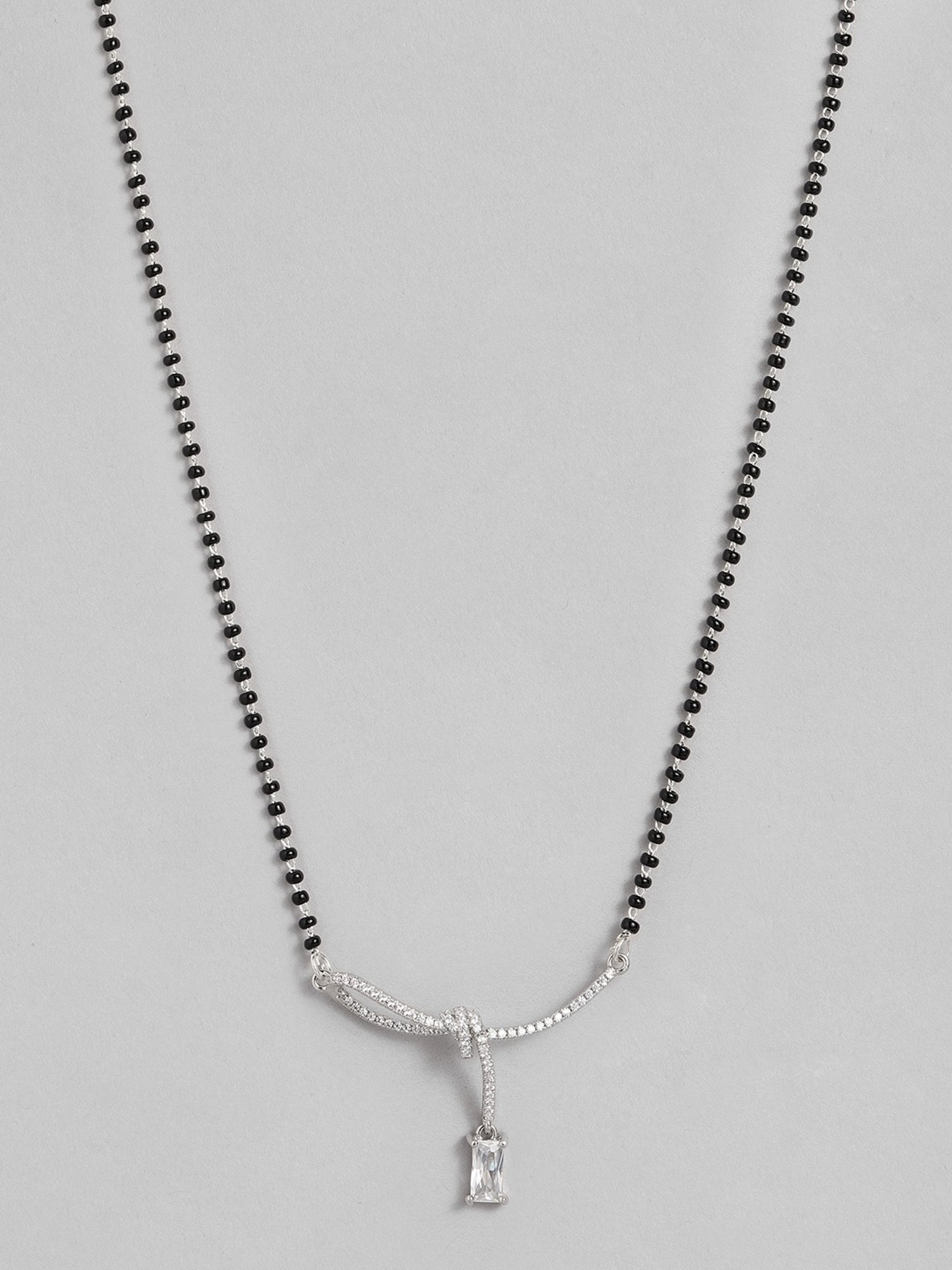 Abdesigns Silver-Plated American Diamond & Black Beaded Mangalsutra