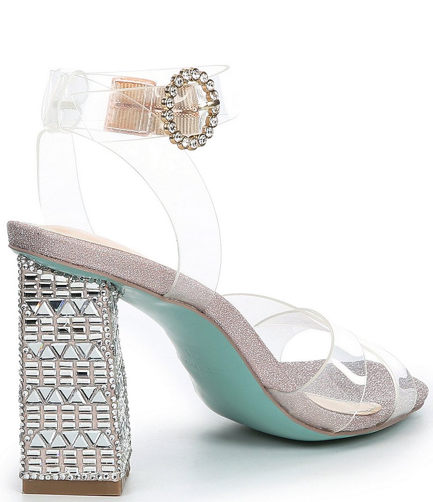 Blue by Betsey Johnson Bell Clear Vinyl Bling Buckle Block Heel Square Toe Sandals