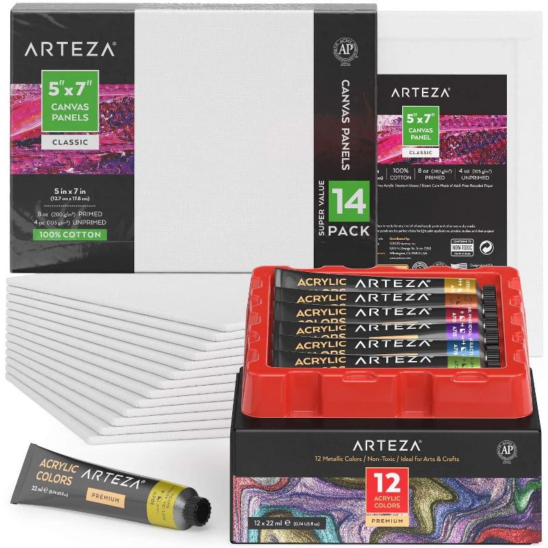 Arteza Canvas and Paint Set - 12 Acrylic Paints and 14 White Blank Canvas Panels Bundle (ARTZ-BNDL103)