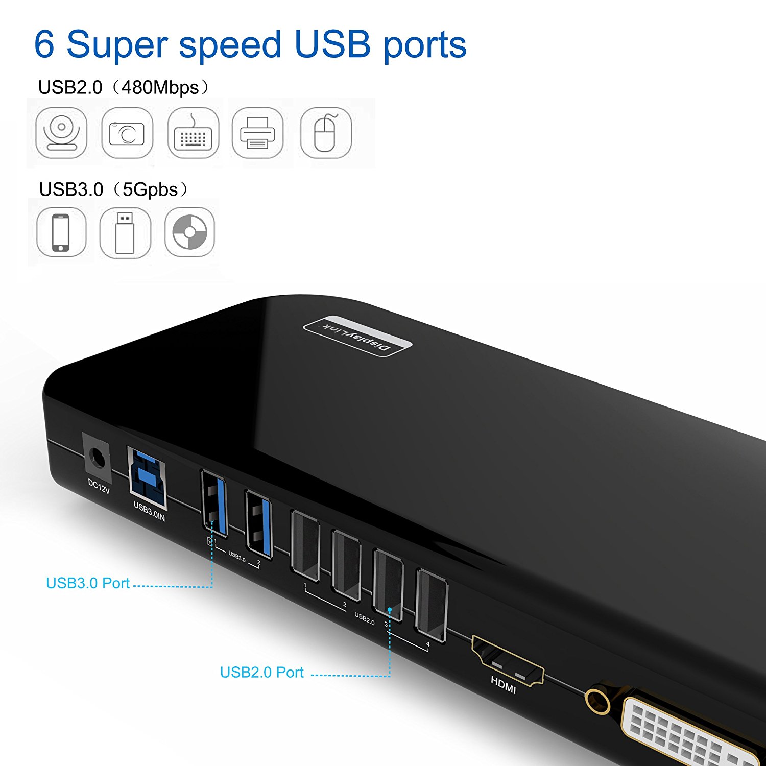 Notebook Port Replicators Dock, Multi-function USB 3.0 Universal Laptop Docking Station, Dual Display with HDMI & DVI / VGA, Gigabit Ethernet, Audio, 6 USB Ports for Laptop, Ultrabook and PCs