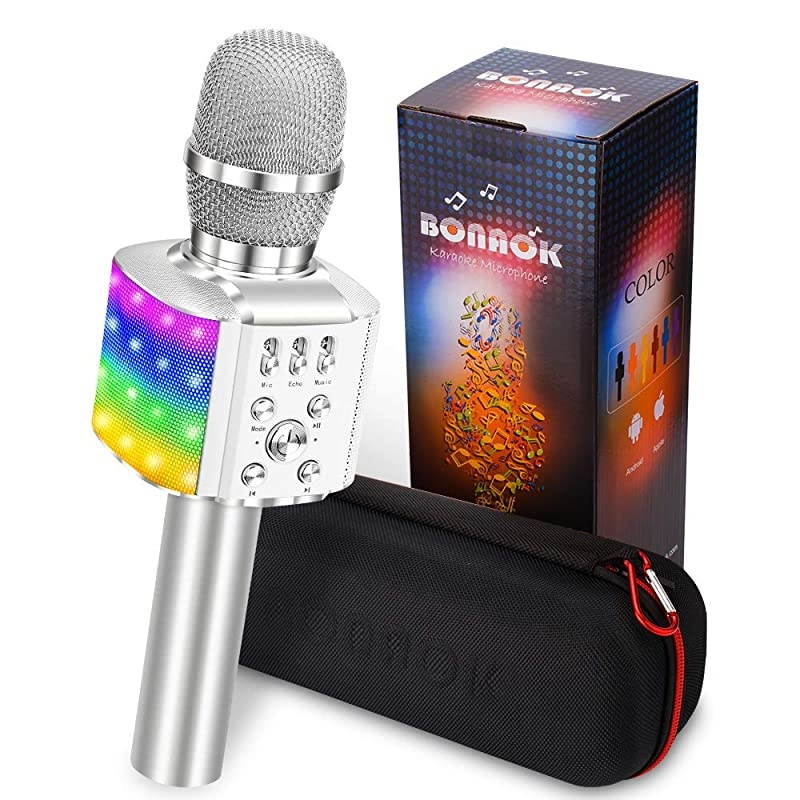Wireless Bluetooth Karaoke Microphone with controllable LED Lights, 4 in 1 Portable Karaoke Machine Mic Speaker Birthday Home Party for All Smartphones PC(Q36 Silver)