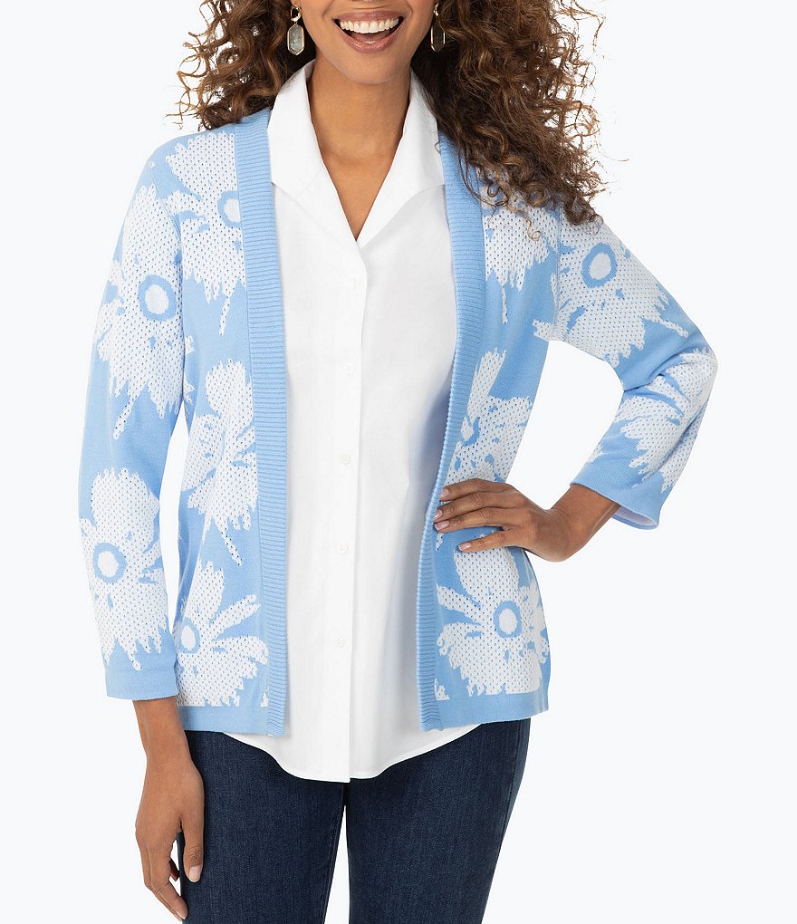 Foxcroft Bracelet Sleeve Floral Stitch Reversible Cardigan