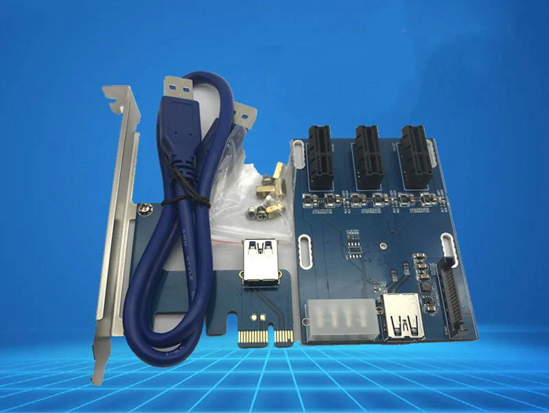 PCI-e Express 1X To 3 Port PCI Express 1X Slot Multiplier HUB Riser Adapter Card w/ SATA 15pin & 4pin Power Supply USB 3.0 Cable